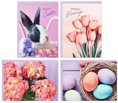 Hallmark Easter Card Pack (24 Notecards with Envelopes, 4 Designs) Pink Tulips, Pastel Eggs, Easter Bunny