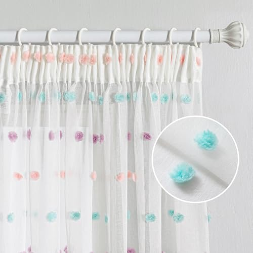 MYSKY HOME Gardiner med veckband gardin, kort voile, gardiner, barnrum, moderna för gardin, regnbåge, broderi, halvtransparent, skjutgardin, vardagsrum, set om 2, färgad, H 145 x B 140 cm