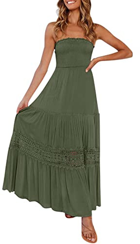 Vestido de verano para mujer, estilo bandeau, vestido de verano largo, bohemio, sin mangas, vestido de noche con estampado, vestido de resort, monocolor, cintura alta, con malla, vestido de playa
