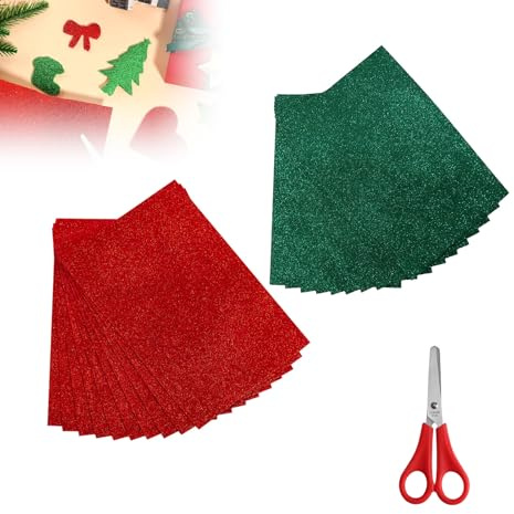 Lonwiner Lot de 20 feuilles de papier pailleté pour bricolage - Papier de bricolage à paillettes - Pour cartes de vœux DIY - Papier coloré A4 - Caoutchouc mousse - Paillettes (rouge + vert)