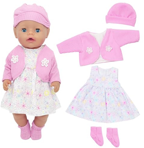 Baby Doll Clothes for 12-18 Inch Dolls, 5 Pcs Pink Floral Doll Outfits with Coat Dress Hat Socks Hanger for 30-35 cm Doll Clothes Girls Birthday Gift