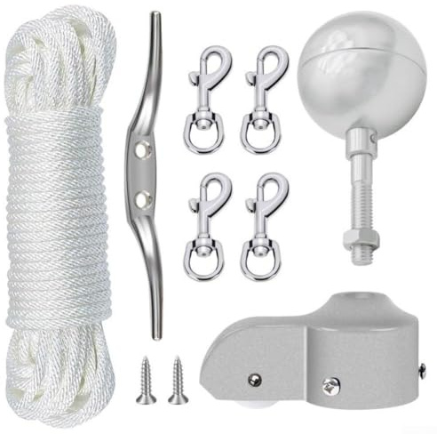 ZWEquipint kit för hårdvara och reparationssats med aluminiumlegeringskula, nylonremskiva lastbil och alla väder halvgårdsrep, zinklegering skena och vridbara krokar, för utomhus trädgårdsflaggstänger