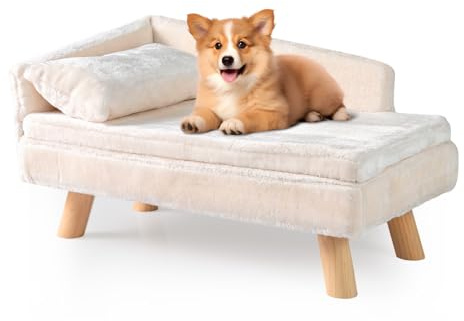 SOARS Divano per Cani con Schienale, Cuscino e Gambe in Legno, Letto per Cani di Media Taglia, Cuccia Rialzata, Divanetto per Animali Domestici, 71 x 43 x 40 cm, Beige
