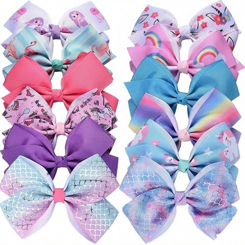 Hair Bows,12 Pcs Hair Clips for Girls Siwa Bows Alligator Clips 5 Inches Colourful Unicorn Mermaid Alligator Hair Clips, Ribbon Hair Accessories Set for Baby Toddler Kids & Teens,Birthday Party Gift