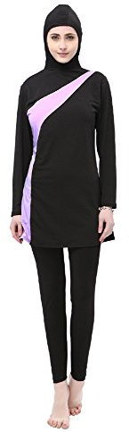 BOZEVON Women Full Length Muslim Swimwear Suit 2 Pieces Long Sleeve Swimsuit, Black + Purple, XL