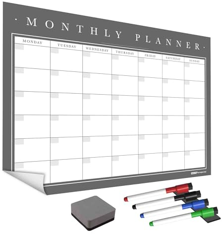 WallTAC A3 månatlig väggplaneringsklistermärke med whiteboardpennor | Lätt att ta bort kalender med återanvändbart lim | Måltidsplanerare eller att göra-lista för hem och kontor [30 x 42 cm]