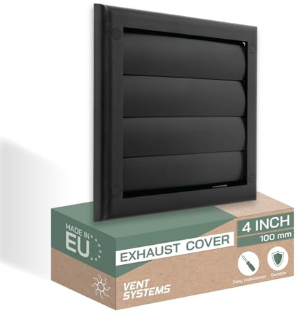 Vent Systems Cubierta de ventilación de escape de 4 pulgadas (7.5 x 7.5 pulgadas), color negro, campana de ventilación de secadora, cubierta de ventilación para conducto de secadora, tapa de campana