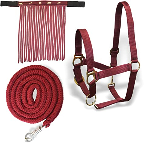 Halfter für Pferde mit Führstrick & Fliegenfransen Pferd, Halfter mit Strick - Halfter Pony Shetty Halfter Cob Full Kb (Shetty, Bordeaux)