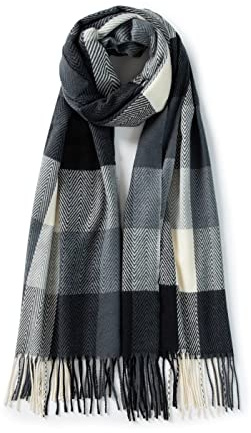 Villand Écharpe en laine pour femme - Écharpes chaudes d'hiver à carreaux pour femme, grands châles et écharpes doux et épais avec boîte-cadeau, Blanc & Noir