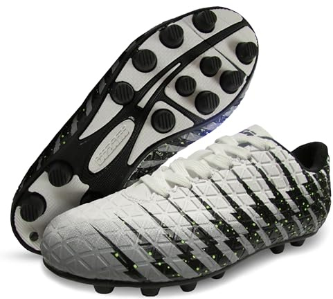 VIZARI Chaussures de football FG pour garçons – Chaussures de football confortables pour enfants pour sports d'intérieur et d'extérieur | Chaussures de football durables et faciles à installer, Blanc