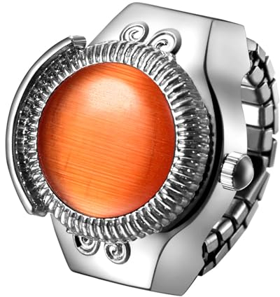 JewelryWe Ringuhr Fingeruhr Damen Elastisch: Orange Katzenauge Analog Quarz Fingerringuhr Ring Uhr Uhrenring mit Edelstahl Elastisch Band