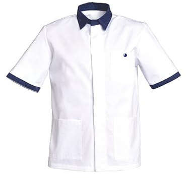 Tunique médicale Homme Veste de Travail Manches Courtes col et Revers de Manches contrastés Polyester Coton épais (FR/ES, Alpha/Lettres, L, Taille Normale, Taille Normale, Blanc)