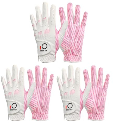 FINGER TEN Golf Gloves Women with Extra Grip 3 Pack (White&Pink,L,Left)