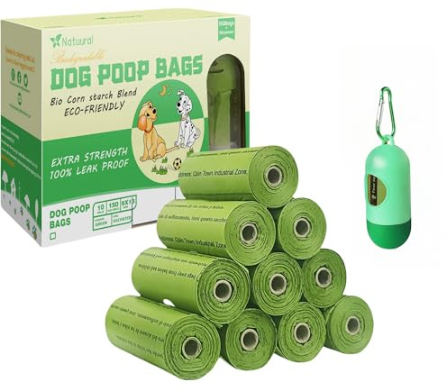 Dog Poop Bags-150 Counts with Holder (10 Rolls), Biodegradable Poop Bags, Eco-friendly and Easy to Open, Thick Dog Waste Bags (Green)