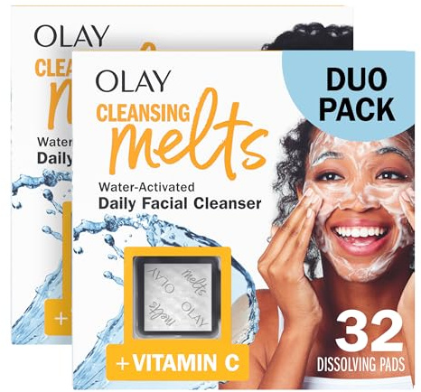 Olay Face Wash, Vitamin C Cleansing Melts, Daily Use Gentle Cleanser, For All Skin Types, Travel Size, Soft Citrus Scent, Water-Activated to Clean, Tone, and Refresh, 64ct (2 Pack x 32ct)