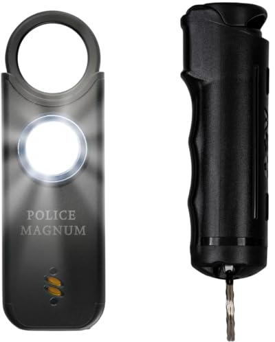Police Magnum Personal Safety Alarm & Pepper Spray Combo Self Defense Pack for Women- Loud 135db Siren with Light & Max Strength Flip Top Pepper Spray Protection (Black)