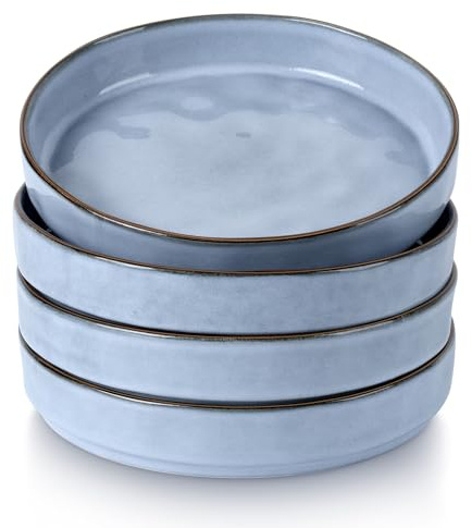 LIANYU Pasta Bowls Set of 4, 8.25’’ Wide Shallow Salad Serving Plate, Stoneware Ceramic Dinner Bowl Plates for Home Kitchen, Microwave & Dishwasher Safe, Serenity Blue