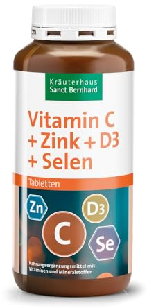 Sanct Bernhard Vitamin-C+Zink+D3+Selen-Tabletten | 365 Tabletten | Mit Vitaminen und Mineralstoffen | Zur Unterstützung der Abwehrkräfte & Immunsystem | Made in Germany