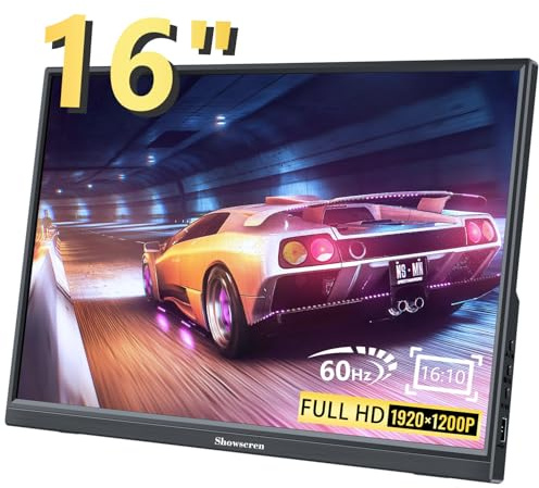 Showscren Tragbarer Monitor 16 Zoll, Full HD 1920 x 1200P Display 300 cd/Helligkeit, 60 Hz IPS LCD-Panel, 100% sRGB, eingebauter Lautsprecher, HDMI USB-C Portable Monitor für Laptop-PC PS3/PS4-Switch