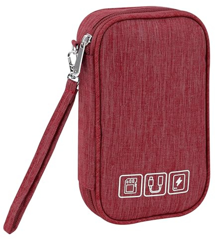 Tunejoy Sac de Rangement Câbles Petit Electroniques Portable Pochette Rangement Imperméable Organisateur pour Banque d'alimentation Fil d'écouteur USB 18,5x11,5x2,5 cm Rouge