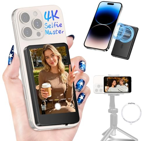 Moman Vlog Selfie Monitor Screen for iPhone 7-17 Series, 4K 60fps & Encrypted Private Wireless, Magnetic Back Camera Monitor, P2P Wireless, 164 ft Range for TikTok, YouTube, Photo & Video Kits, Black