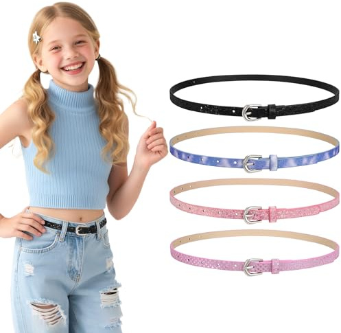 WERFORU 4 Pack Kids PU Leather Skinny Belt for Girls Boys Teen Child Thin Shiny Glitter Waist Belt for Jeans Dress,Black+dark blue+pink+rose red,Fits waist size 27-32