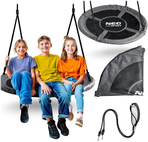 Neo-Sport Nestgunga utomhus 110 cm – hängande gunga med ram – maximal belastning 150 kg – vattentät – rund – svart grå