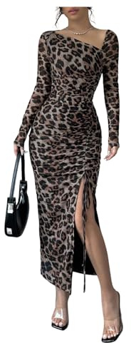 GORGLITTER Leopard Print Dresses for Women Mesh Ruched Asymmetrical Long Sleeve Bodycon Split Thigh Midi Party Dress Black Large