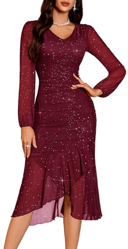 DRESSTELLS Formal Dresses for Women UK, Sparkly Long Sleeve Mesh Bodycon Elegant Wedding Guest Evening Party Prom Gown Cocktail Maxi Dress Burgundy S