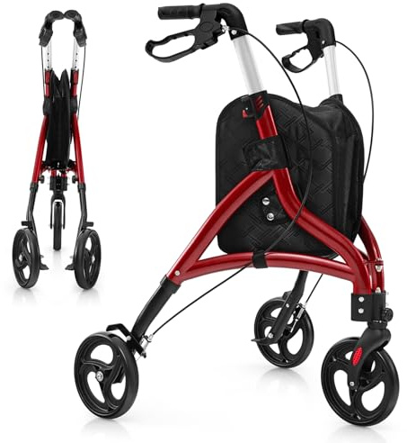 HOMASIS Déambulateur Pliable à 3 Roues en Aluminium Léger, Aide à la marche Hauteur Réglable, Rollator avec Sac de Rangement pour Tous Types de Terrain pour Personnes Âgées, Handicapées (ROUGE)