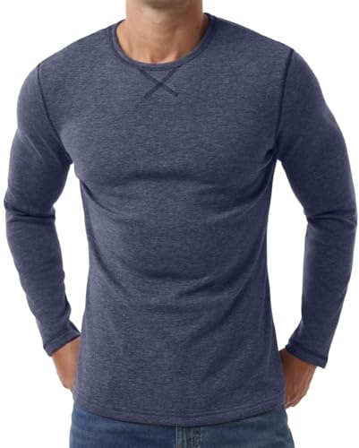 PrinStory Biancheria intima termica da uomo a maniche lunghe con interno in pile, maglia termica girocollo, top termici, strato base termico, grigio/blu, M