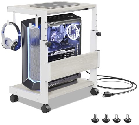 Supporto a torre per computer regolabile in altezza con carrello ATX a 2 livelli, supporto per computer da pavimento, supporto per stampante con spazio di archiviazione, ruote di bloccaggio, si adatta