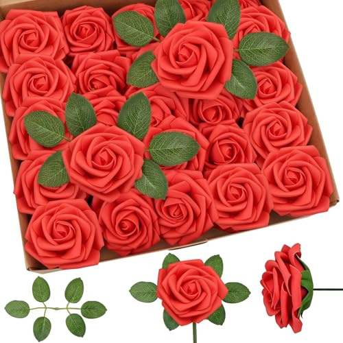 HO-SFSM 25 Pezzi Rose Rosse Fiori Artificiali, Fiori Artificiali Schiuma Teste di Rose Finti per DIY Matrimoni Mazzi Nuziale Festa Casa Decorazioni