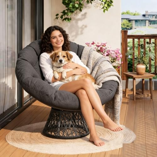 WEJIUAFB Fauteuil papasan pivotant pouvant supporter jusqu'à 159 kg, fauteuil rond à 360° avec rembourrage extra épais et coussin résistant aux intempéries, aspect rotin, pour l'intérieur et