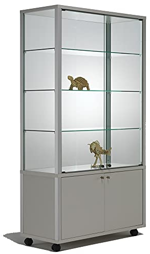 MHN Glasvitrine mit Rollen T 43 x B 79 x H 183 cm - breite Ausstellungs-Vitrine mit Unterschrank abschließbar - Glas Vitrinenschrank ohne Beleuchtung