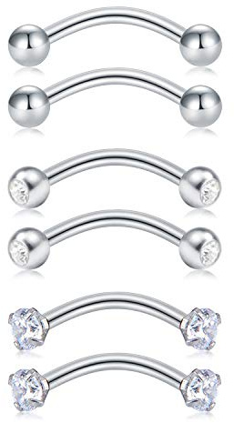 Longita 16G Stainless Steel Curved Barbell Piercing Earring for Women & Men - Helix, Daith, Tragus, Ear, Nose, Lip, Eyebrow, Belly, Septum, Labret - 6PCS Silver