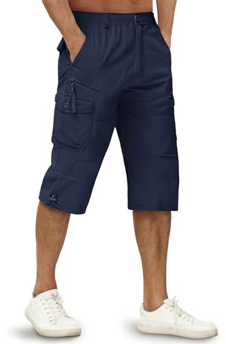 TACVASEN Hombre Pantalones Cortos Cargo Pantalones Cortos Casuales Algodón Ejército Pantalones Cortos Ligeros Transpirables Pantalones Cortos Cotton 3/4 Shorts Azul Marino