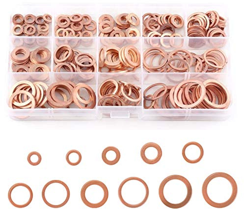 KINDPMA Arandela de Cobre 300PCS Aceite Cobre Arandelas 11 Tamaños Juego de Anillo de Sellado Plano M5/M6/M8/M10/M12/M14/M16 Plana Anillo de Junta para Automóviles Fábricas Barcos Máquinas