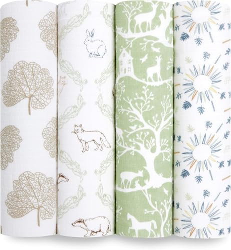 aden + anais harmony Swaddle Blanket - Pack of 4| Large 100% Muslin Cotton Swaddle Wrap Set for Baby Girls & Boys |nature, trees, green, forest Print Designs| Newborn & Infant Sleep, 112 x 112 cm