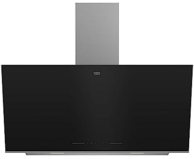 Beko BHCA96641BBHS - Campana Decorativa Inclinada de 90cm Serie Beyond, Cristal color Negro, Clase energética A, 3 niveles + Booster, HeatSense, iluminación ajustable, Extracción máx,712m3h