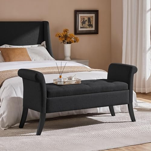 Yaheetech Ottoman with Storage, 52 Storage Ottoman Bench with Safety Hinge, Upholstered Bench with Seating for Bedroom, Living Room, Holds up to 661 lb, Black