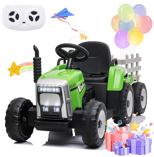 SEHOMY Kids Ride on Tractor with Trailer and 25W Dual Motors, 12V Battery Powered Electric Kids Car Vehicle Toys with Remote, 3-Gear-Shift, Music, LED Lights,USB, Power Wheels for Boys Green