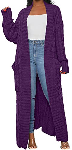 LIVECLOTH Relaxed Women Cable Knit Cardigan Sweater Coats, Women's Long Cardigan Sweaters Oversized Chunky, Fall Cardigan, Floor Length Cardigan, Maternity Cardigan (Purple, L)