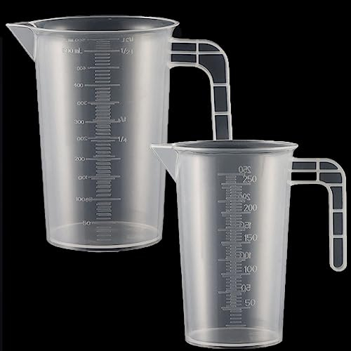 2 Stück Messbecher Kunststoff Set Mit Griff und Gramm Skala 250ml+500ml, Hitzebeständig Präzisions Messbecher für Waschmittel, Küche, Labor, die Autopflege feine Skala Lebensmittelecht(Transparent)