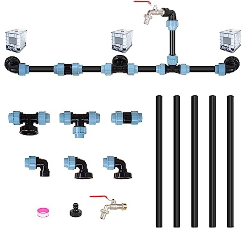Raccord cuve 1000 litres, Kit de Raccordement IBC pour 3 IBC Côte à Côte/Réservoirs de Pluie avec Col de Cygne de 3/4