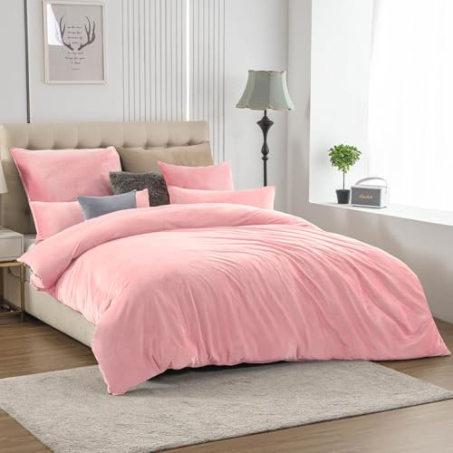 Soifox vinter flanell sängkläder 200 x 200 – rosa fluffig och varm kashmir touch påslakan + örngott 80 x 80 cm med dragkedja