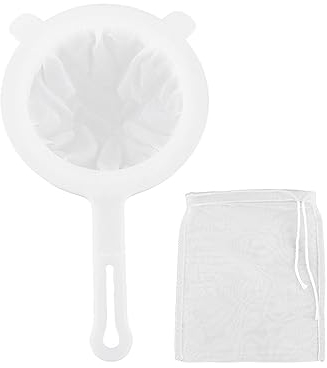 Ultra-Fine Mesh Strainer with Nylon Filter Bag, Plastic Tea Strainer with Hanging Hole Handle, Reusable Kitchen Sieve for Soy Milk, Juice, Tea, Coffee, Nutmilk (White)