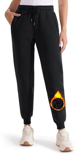 Libin Warme Jogginghose Damen Gefütterte Thermo Sporthose Winter Trainingshose Sweatpants Laufhose Yoga Hosen mit Reißverschluss Taschen Schwarz L