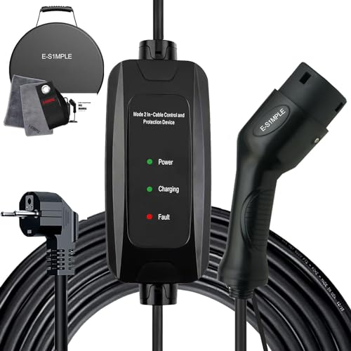 E-S1mple Typ 2 Ladekabel Schuko 10M, 3,68kW, 16A, EV Ladegerät mit LED Kontrollleuchte Ladekabel Elektroauto Typ 2 Schuko Stecker für Elektrofahrzeug Hybridfahrzeuge