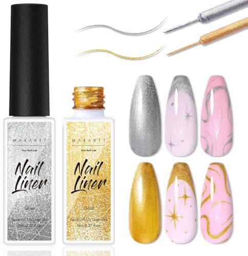 Makartt Painting Nail Gel Liner Polish Set, Glitter Silver Gold Gel Liner Nail Polish Drawing Metallic Nail Gel with Build in Thin Brush Glossy Chrome Gel Soak Off UV/LED Nail Art Manicure Set